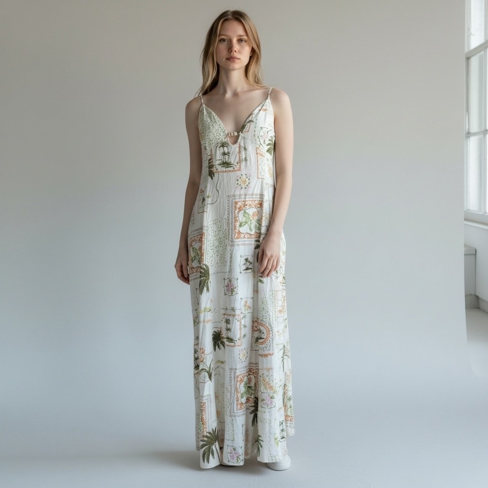 Paper Heart Maxi Dress Womens L Linen Blend Tropical Palm Floral Cream Boho New